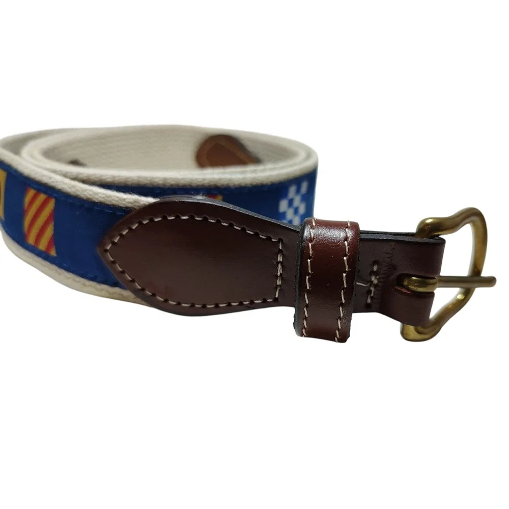 Leather Web Belt Mens Size 44 Sailing Flags Theme Gold Tone Buckle‎ Nautical
